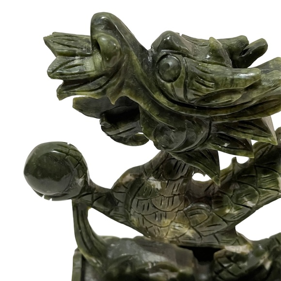 Carved Stone Fierce Dragon Statue Holding Orb Sphere Ball Green Maybe Old Jade - Picture 2 of 11